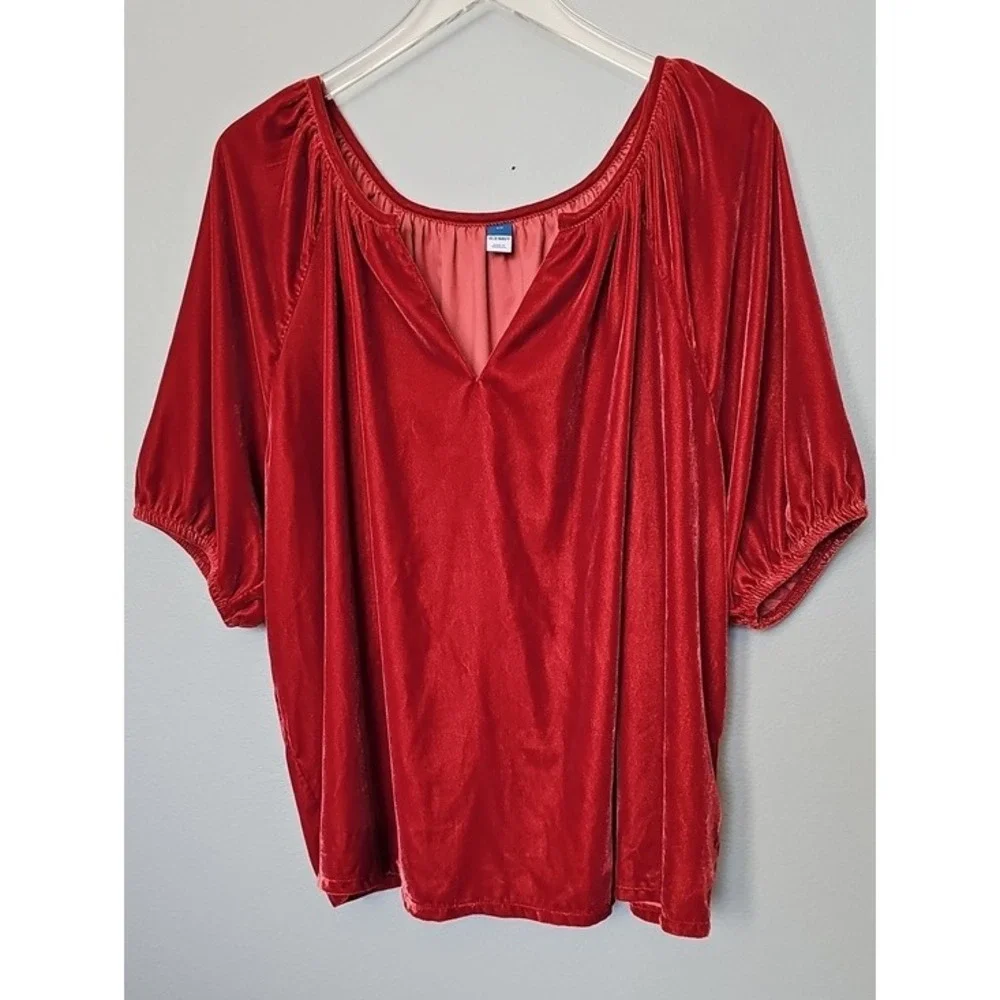 Old Navy Red Velvet Puff Sleeve Split V-Neck Blouse Top Plus Size 2X